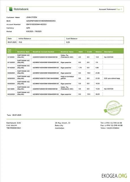 Relevé de compte Rabitəbank d'Azerbaïdjan Modèle Word et PDF